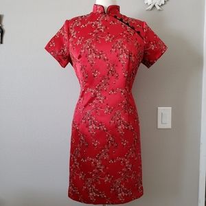 Satin Cherry Blossom Embroidered Cheongsam Dress